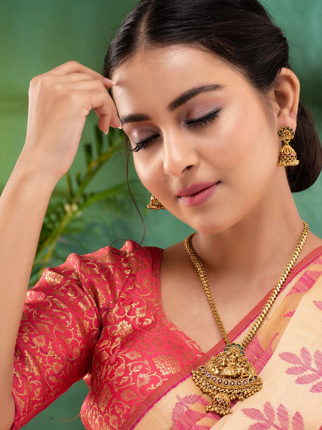 Gold Plated Green AD Embellished Pendant Temple Jewellery Set, zaveri pearls, sale price rs, sale price, sale gold plated, sale gold, sale, rubans, ring, regular price, priyassi jewellery, ku